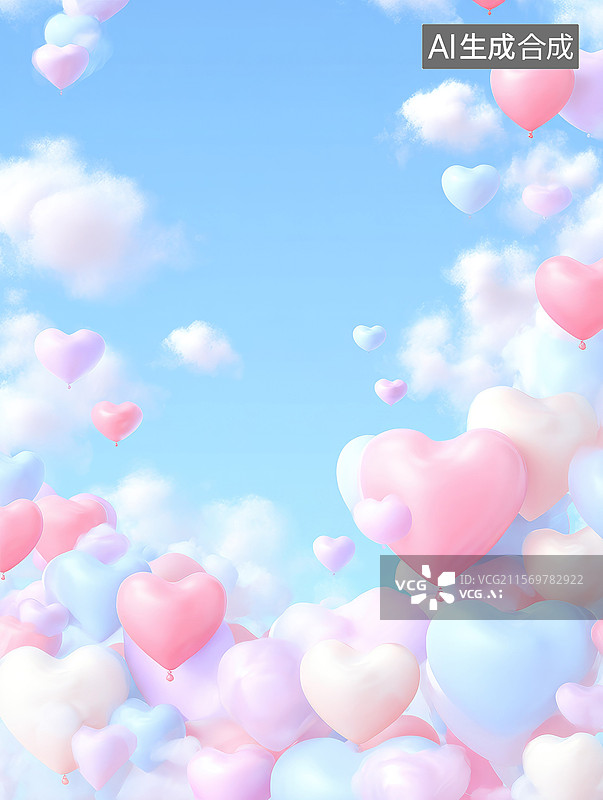 【AI数字艺术】浪漫情人节插画背景梦幻天蓝色背景粉白心形气球和柔软云朵爱情庆典纪念日和特殊场合壁纸图片素材