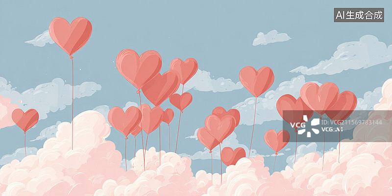 【AI数字艺术】浪漫情人节抽象背景手绘油画质感插画粉蓝色天空中漂浮的心形和气球爱情主题粉蓝心形云朵和柔和色调贺卡包装图片素材