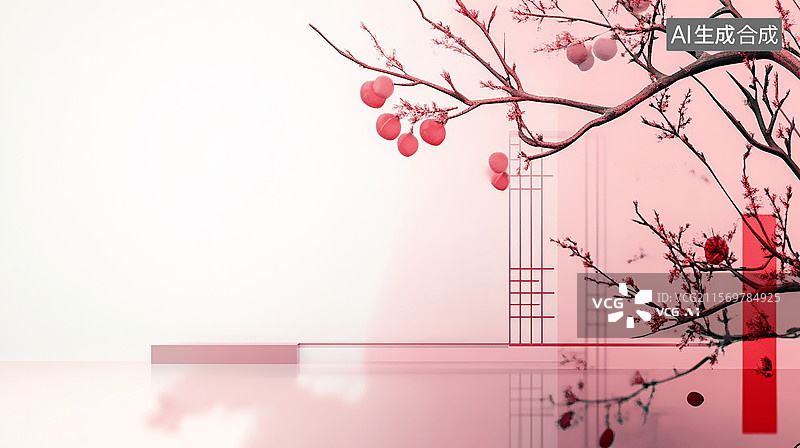 【AI数字艺术】中国风新中式红色禅意建筑，红花树枝图片素材