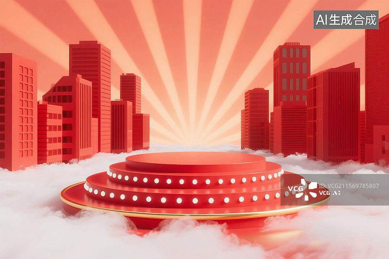 【AI数字艺术】暖色调背景中带灯光装饰的红色圆形展台图片素材