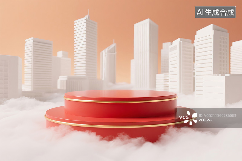 【AI数字艺术】暖色调背景下带云雾的红色圆形展台与高楼图片素材