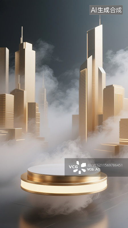 【AI数字艺术】未来城市天际线云层中金色悬浮平台图片素材