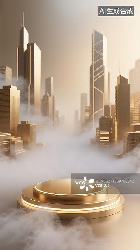 【AI数字艺术】未来城市天际线云层中金色悬浮平台图片素材