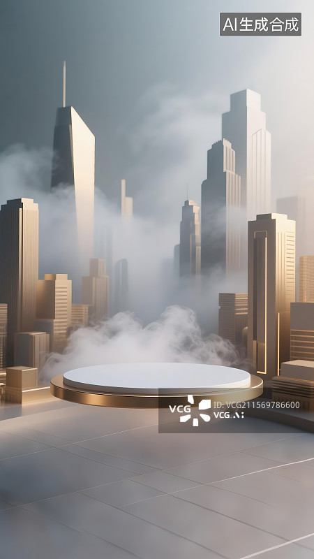【AI数字艺术】未来城市天际线云层中金色悬浮平台图片素材