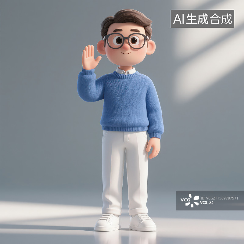 【AI数字艺术】戴黑框眼镜穿蓝色毛衣白色裤子白色运动鞋的卡通男青年举起右手在打招呼图片素材