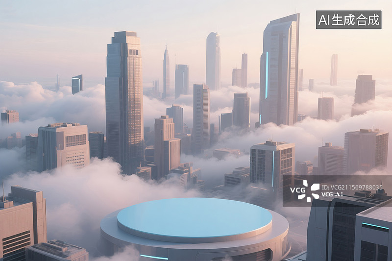 【AI数字艺术】渲染的梦幻浅紫与浅黄色调城市与电商平台的展示图片素材