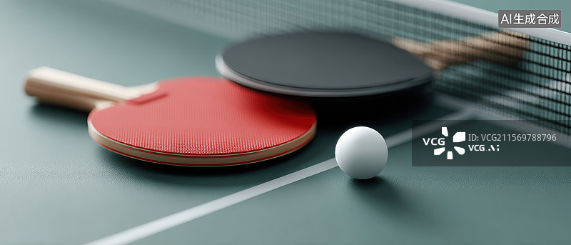 【AI数字艺术】乒乓球拍和球在桌上的特写图片素材