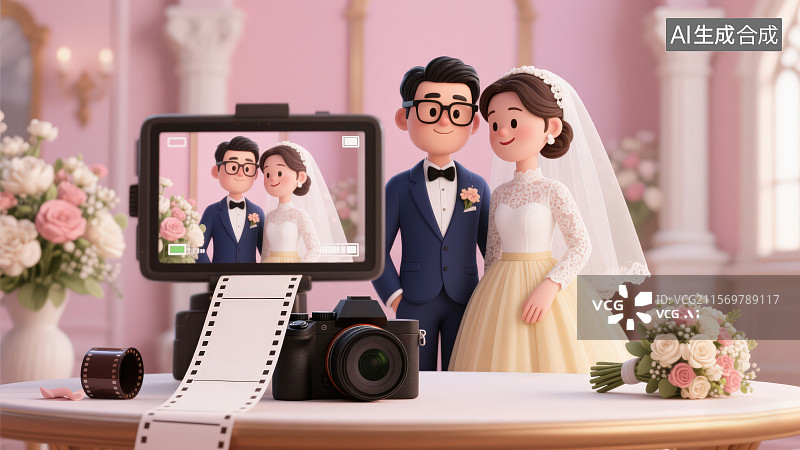 【AI数字艺术】卡通动漫风格用数码相机拍照记录拍婚纱照的新婚夫妇图片素材