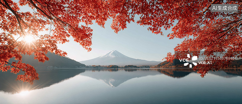【AI数字艺术】湖面倒影与红叶图片素材