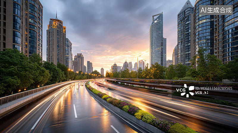 【AI数字艺术】城市黄昏的繁忙街道图片素材