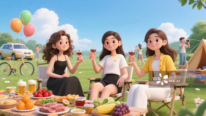 【AI数字艺术】三个卡通女孩举起酒杯庆祝在户外露营图片素材