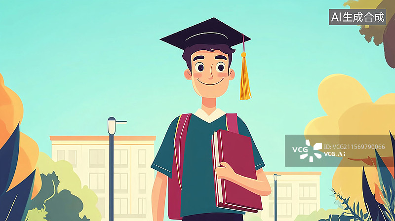 【AI数字艺术】毕业季， 穿着学士服的学生卡通插画图片素材