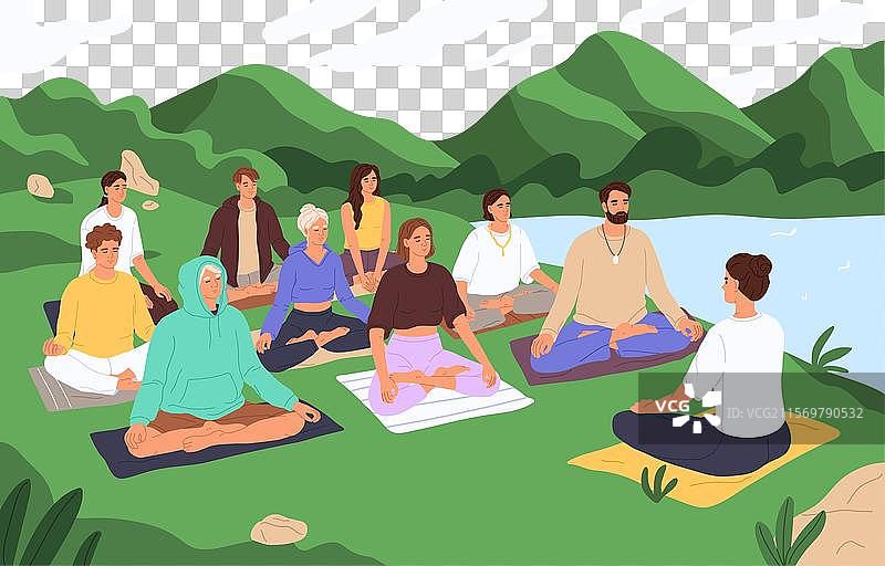一群人在户外山间冥想图片素材