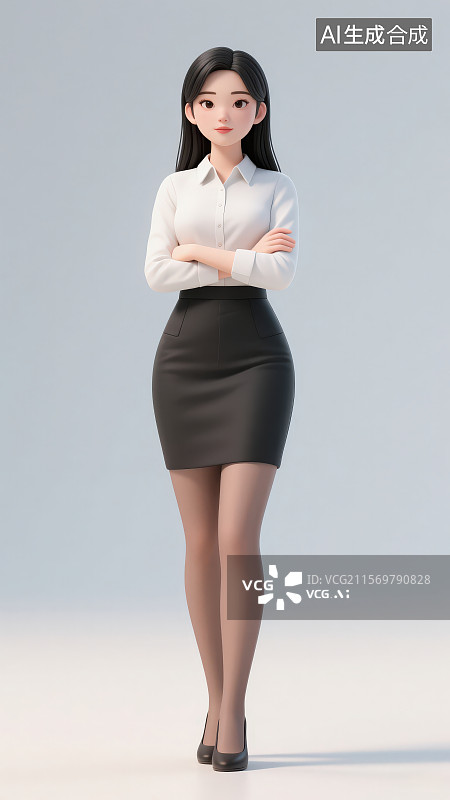 【AI数字艺术】一位双臂交叉站着穿着正装的卡通时尚商务女性职工图片素材