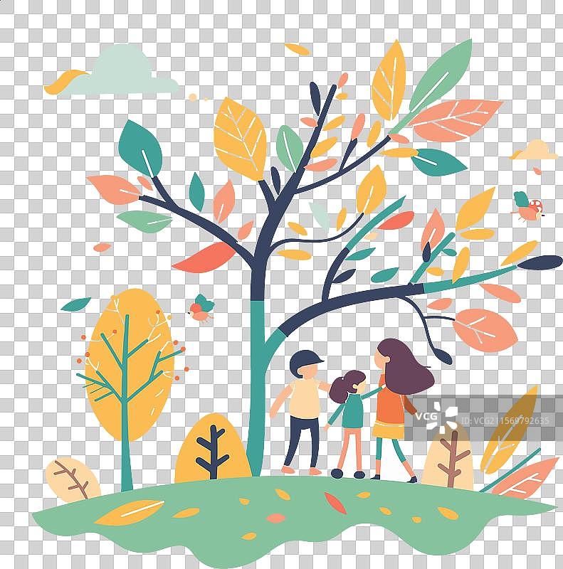 家庭在秋天的公园里享受散步时光，父母与孩子一起漫步。图片素材