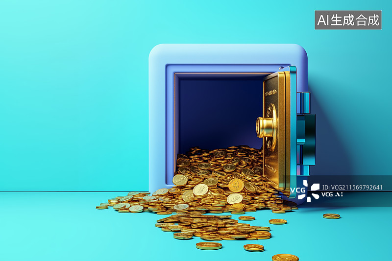 【AI数字艺术】一个打开的银行金库中流出了大量的金币图片素材