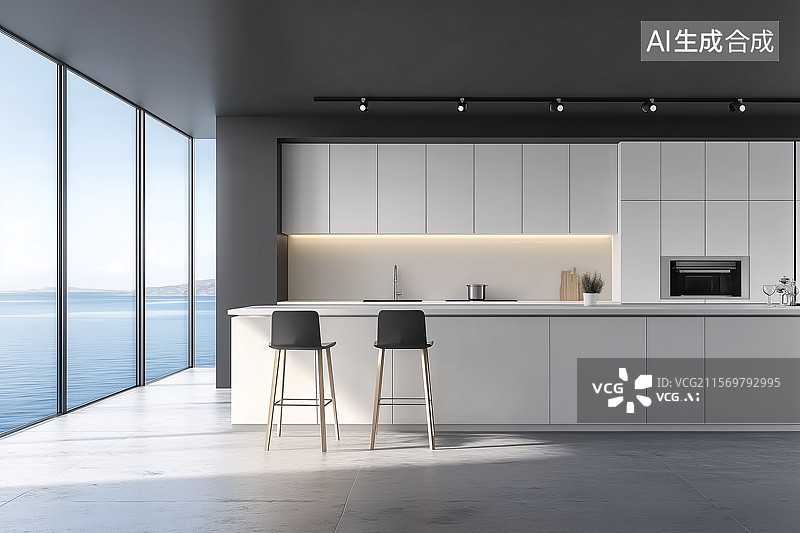 【AI数字艺术】瞰海极简现代厨房图片素材