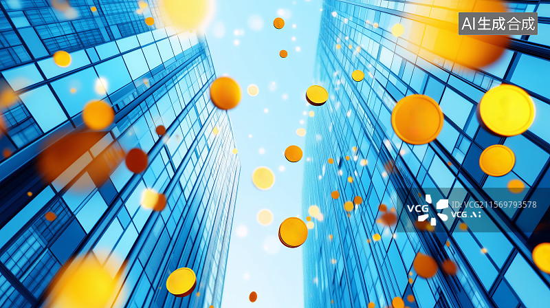 【AI数字艺术】城市CBD商务大楼间无数金币从天上落下图片素材