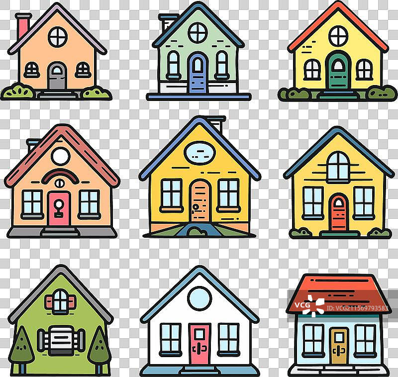 色彩斑斓的卡通房屋与孤立的白色背景相映衬图片素材