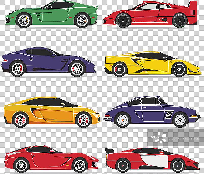 八辆运动跑车并排展示，各具特色。图片素材