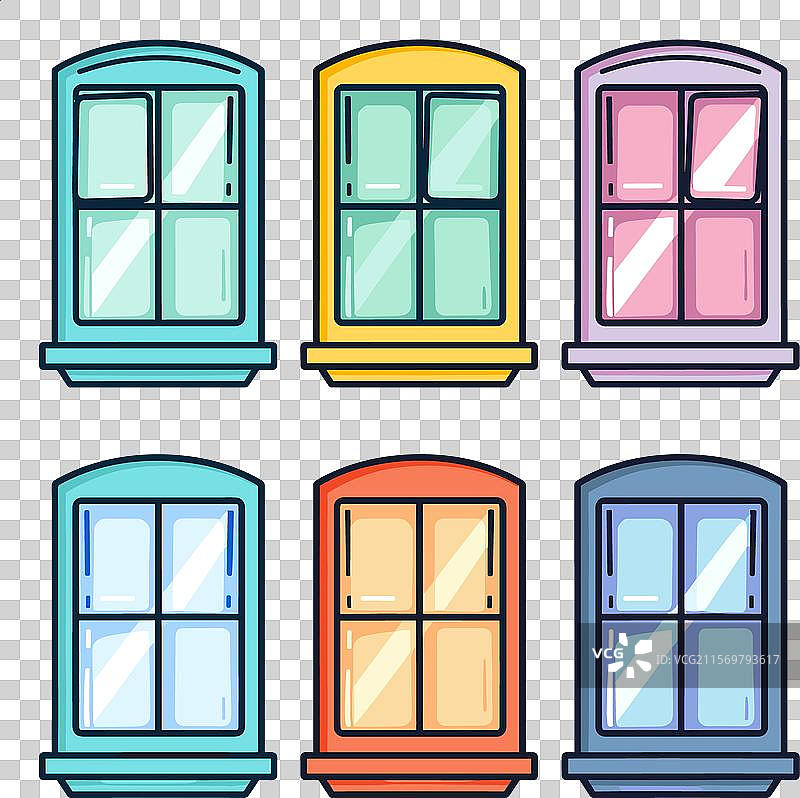色彩丰富的卡通风格窗户组合，孤立在白色背景上图片素材