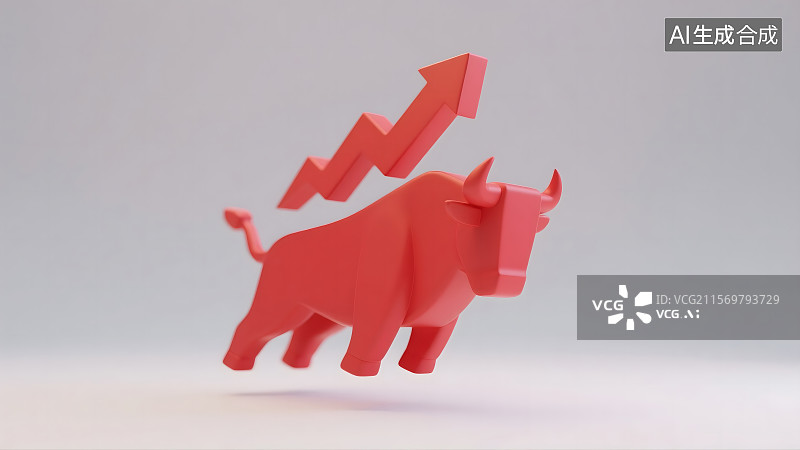 【AI数字艺术】红色立体的牛和牛市上涨的箭头图片素材