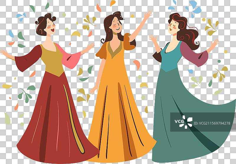 三位女性欢快地庆祝，舞动着落叶图片素材