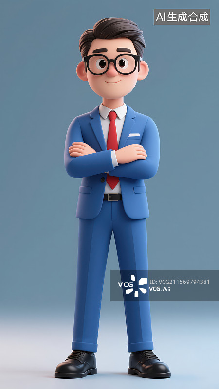 【AI数字艺术】戴着黑框眼镜穿着蓝色西装正装双臂交叉站着的卡通男性商务人士图片素材