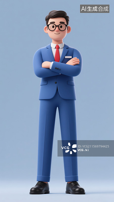 【AI数字艺术】戴着黑框眼镜穿着蓝色西装正装双臂交叉站着的卡通男性商务人士图片素材