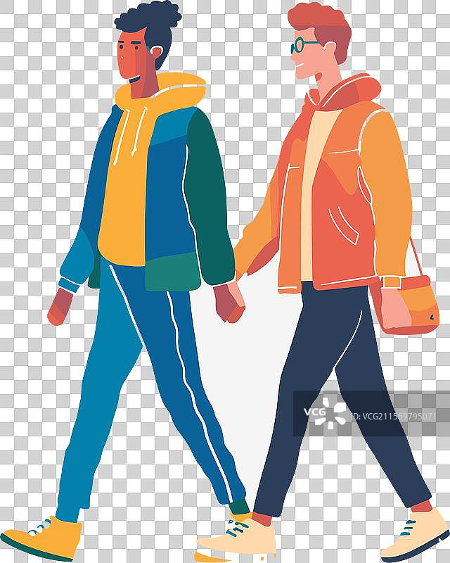 两个不同背景的年轻男子并肩走在一起图片素材