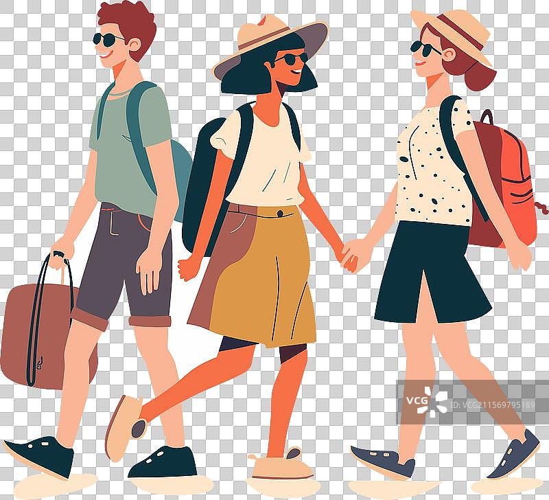 三个年轻人手牵手微笑着走着图片素材