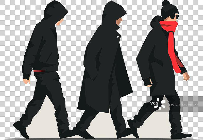 三个人侧面走路，穿着深色衣服图片素材