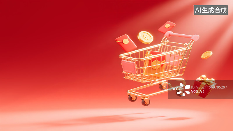 【AI数字艺术】红色背景下的购物车图片素材