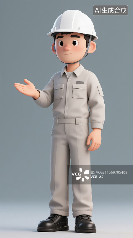 【AI数字艺术】戴着白色工地安全帽穿着灰色工装套装站着伸出右手正在介绍的男性工人图片素材