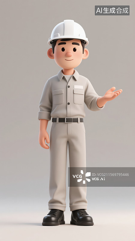 【AI数字艺术】戴着白色工地安全帽穿着灰色工装套装站着伸出右手正在介绍的男性工人图片素材