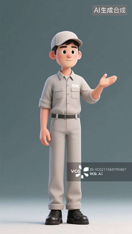 【AI数字艺术】戴着鸭舌帽穿着灰色工装套装站着伸出右手正在介绍的男性工人图片素材