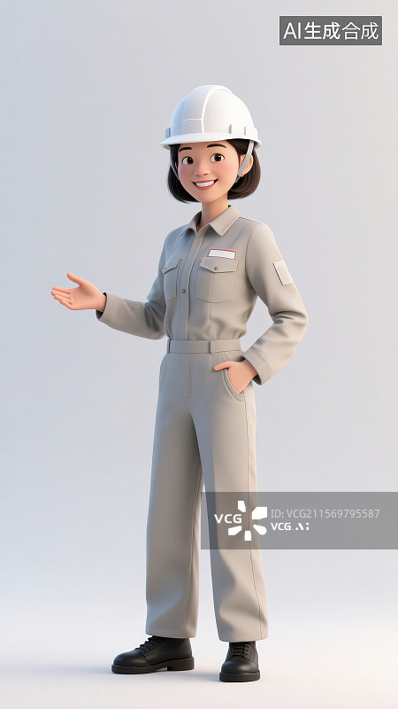 【AI数字艺术】戴着白色工地安全帽穿着灰色工装套装站着伸出右手正在介绍的女性工人图片素材