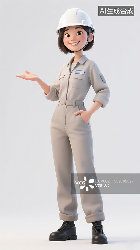 【AI数字艺术】戴着白色工地安全帽穿着灰色工装套装站着伸出右手正在介绍的女性工人图片素材