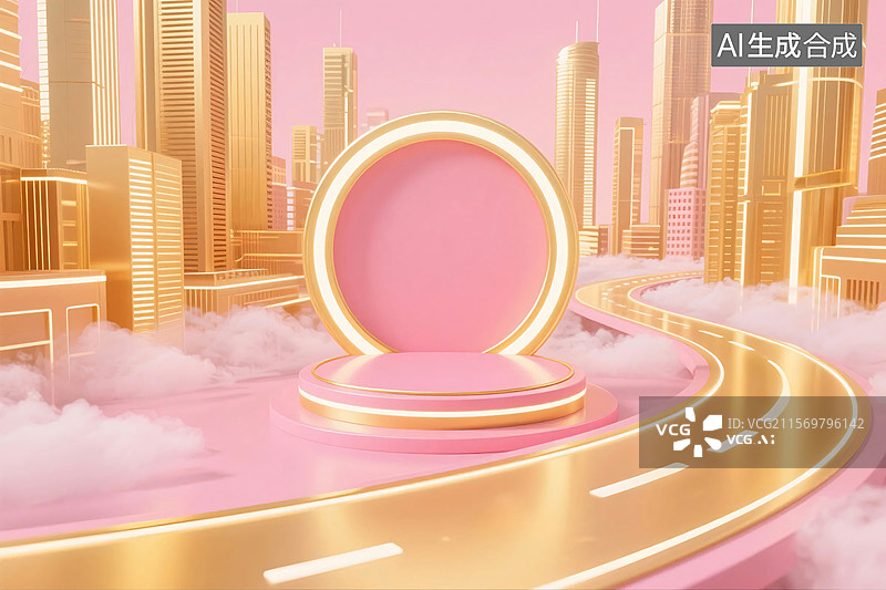 【AI数字艺术】3D粉金色数字城市科技展台图片素材