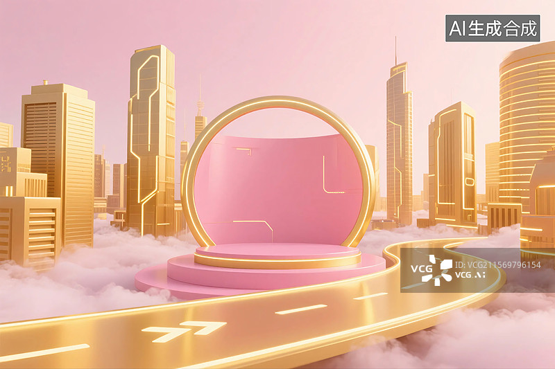 【AI数字艺术】3D粉金色数字城市科技展台图片素材