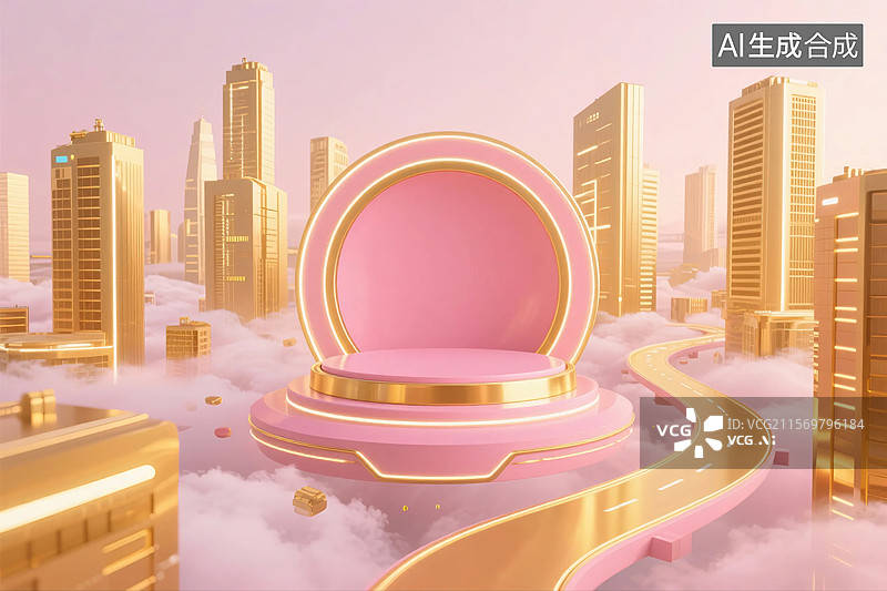 【AI数字艺术】3D粉金色数字城市科技展台图片素材