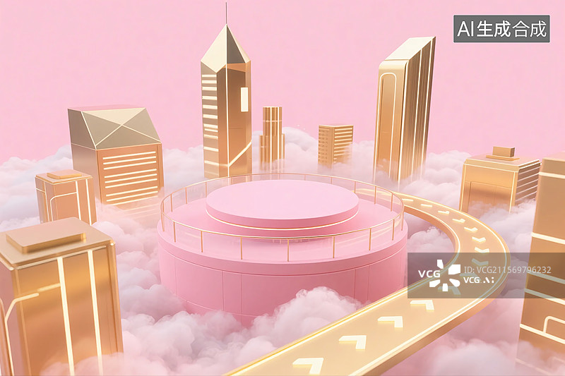 【AI数字艺术】3D粉金色数字城市科技展台图片素材