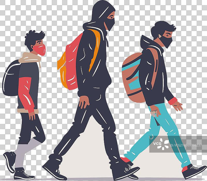 三个年轻男性并肩走，穿着现代休闲服装图片素材