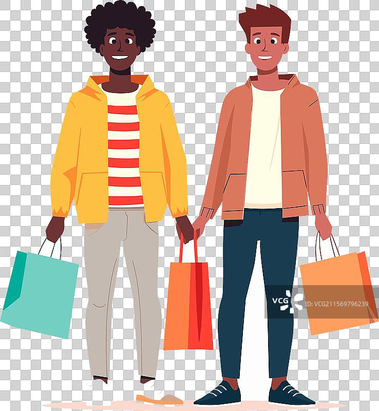 两个快乐的男人在购物，手里提着购物袋，展现多样性。图片素材