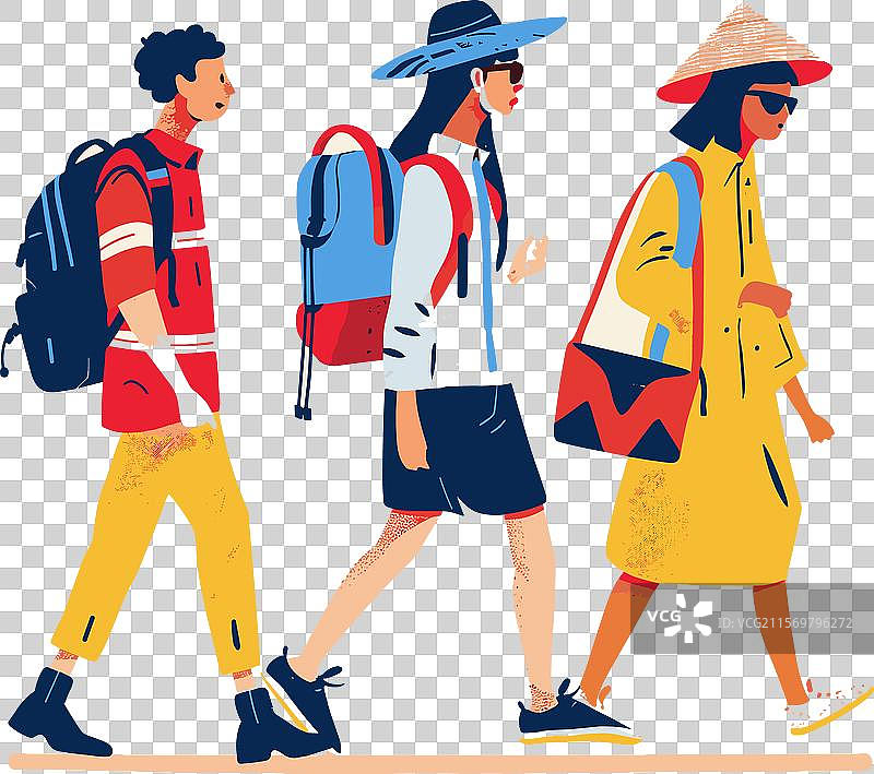 三个朋友并肩走路展示友谊图片素材