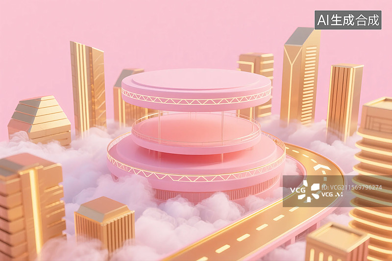 【AI数字艺术】3D粉金色数字城市科技展台图片素材