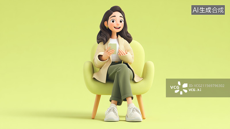 【AI数字艺术】卡通女性坐在椅子上喝咖啡图片素材