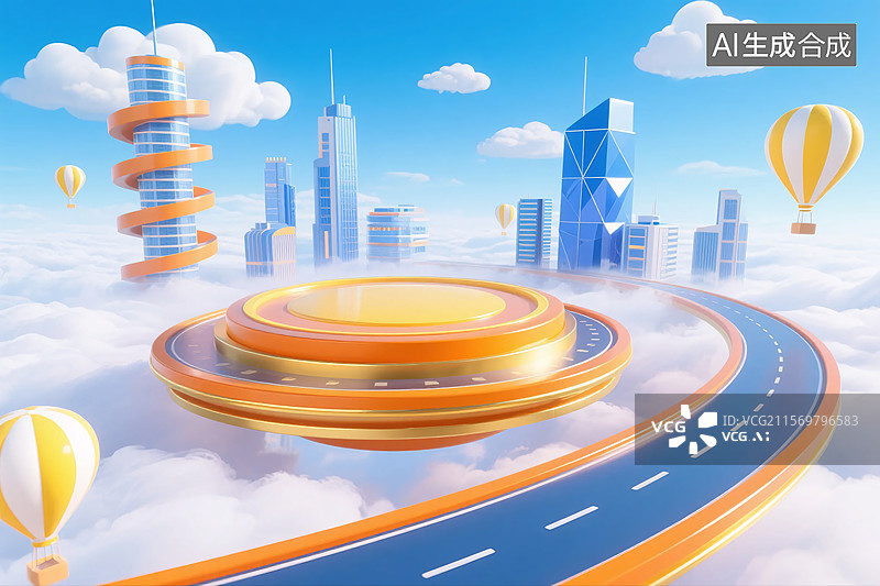 【AI数字艺术】橙蓝色数字城市展台图片素材