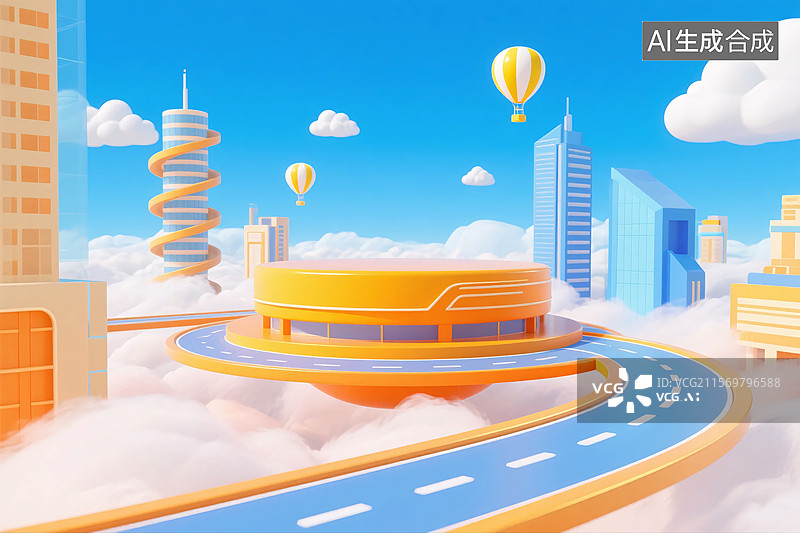 【AI数字艺术】橙蓝色数字城市展台图片素材