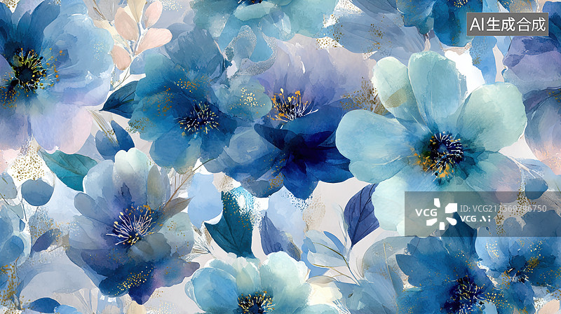 【AI数字艺术】蓝色花卉水彩画图片素材